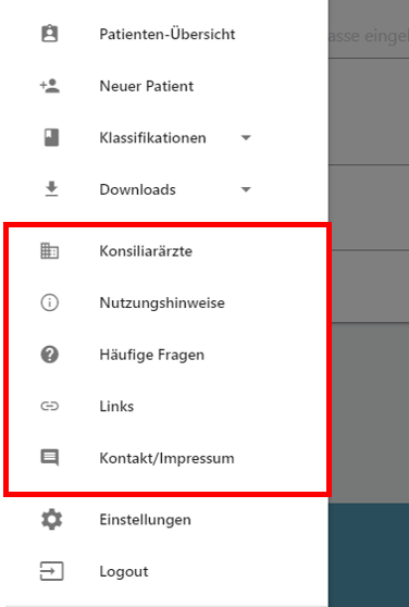 Menü-Screenshot mit allgemeinen Punkten